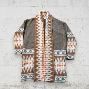 Bibi Aztec Tribal Print Open Knit Long Cardigan Pockets Grey/Orange Sz XL